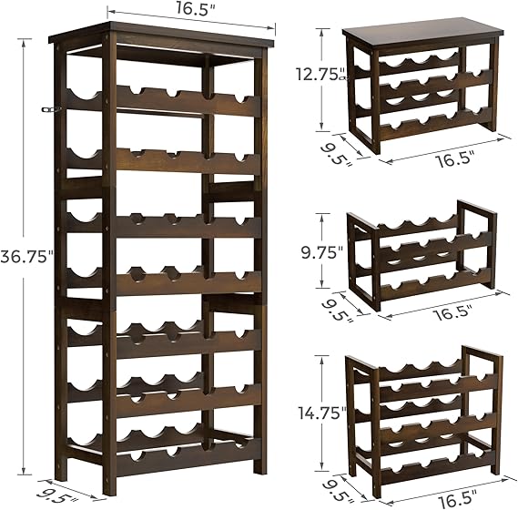 28-Bottle Wine Rack Free Standing Floor, Solid Wood 7-Tier Display Wine Storage