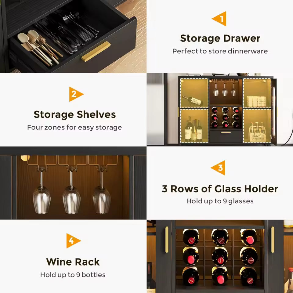 Contemporary Wine Bar Cabinet with LED Lighting and Power Outlets, Rustic Wine Storage with Glass Holder and Farmhouse Style