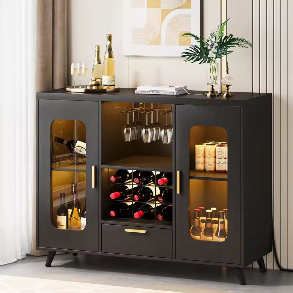Contemporary Wine Bar Cabinet with LED Lighting and Power Outlets, Rustic Wine Storage with Glass Holder and Farmhouse Style