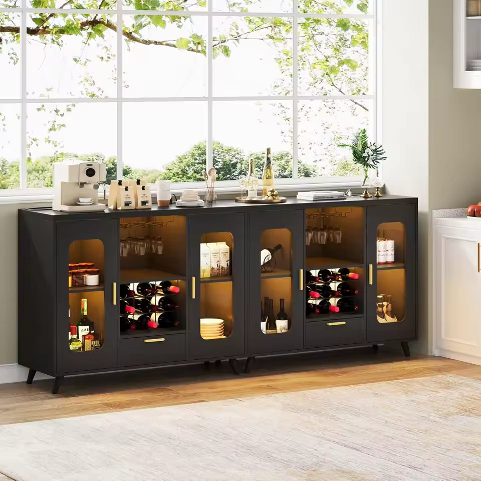 Contemporary Wine Bar Cabinet with LED Lighting and Power Outlets, Rustic Wine Storage with Glass Holder and Farmhouse Style
