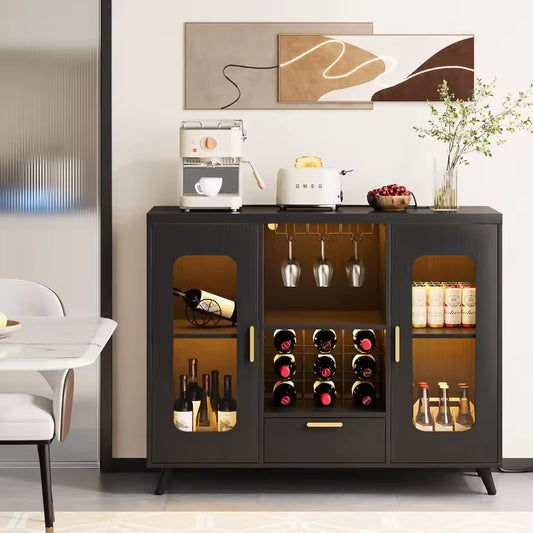 Contemporary Wine Bar Cabinet with LED Lighting and Power Outlets, Rustic Wine Storage with Glass Holder and Farmhouse Style