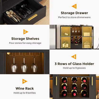 Contemporary Wine Bar Cabinet with LED Lighting and Power Outlets, Rustic Wine Storage with Glass Holder and Farmhouse Style
